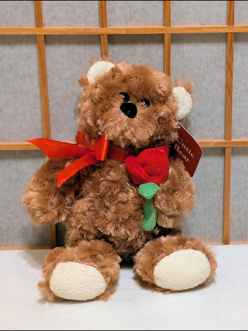Plush Brown Teddy Bear with Red Rose and Ribbon - Kids Toys